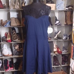 Women's Navy Midi Dress with Black Lace Yoke